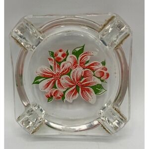 Vintage Glass‎ Ashtray Pink Floral Design Square 3.25"x 3.25" Mid Century Modern